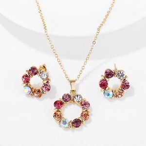 🆕 Multicolor Crystal Rhinestone Gold Circle Necklace Earrings & Pendant …